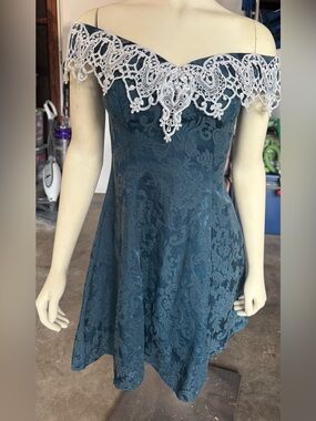 Vtg Jessica Mclintock 1980's Gunne Sax Blue Jaquard Mini Party Dress Lace Sz 7/8